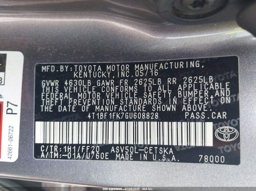 2016 Toyota Camry Se VIN: 4T1BF1FK7GU608828 Lot: 42659889