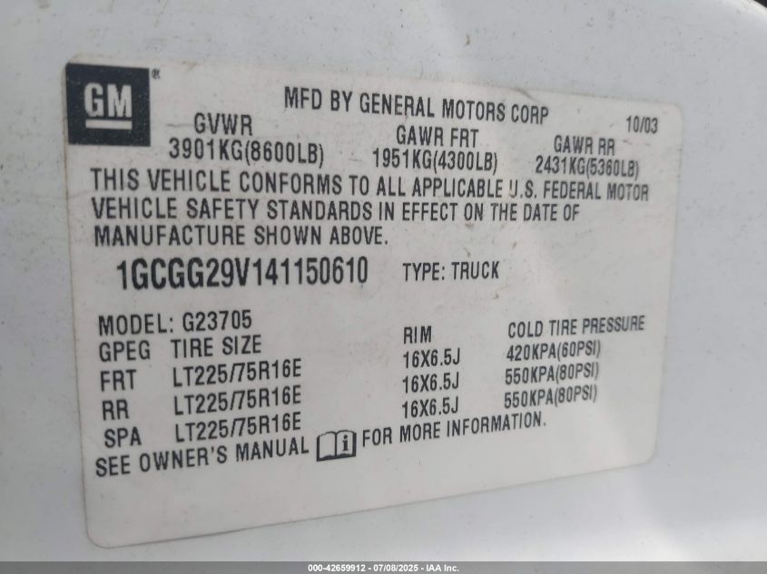 2004 Chevrolet Express VIN: 1GCGG29V141150610 Lot: 42659912