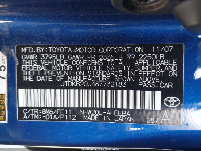 2008 Toyota Prius VIN: JTDKB20U487732183 Lot: 42659976