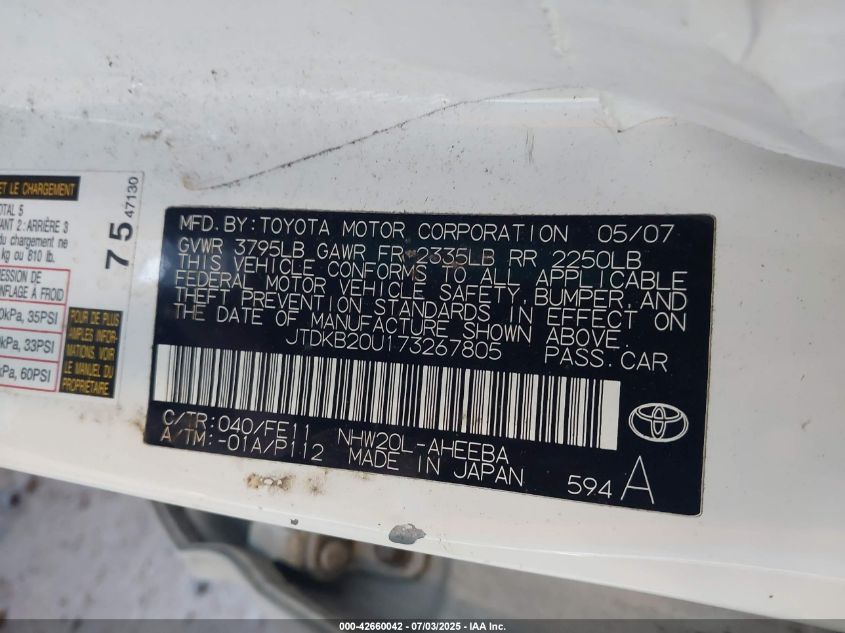 2007 Toyota Prius VIN: JTDKB20U173267805 Lot: 42660042