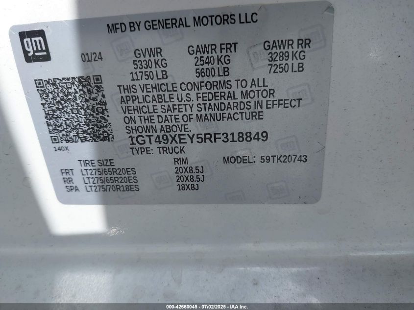 2024 GMC Sierra 2500Hd 4Wd Standard Bed Denali Ultimate VIN: 1GT49XEY5RF318849 Lot: 42660045