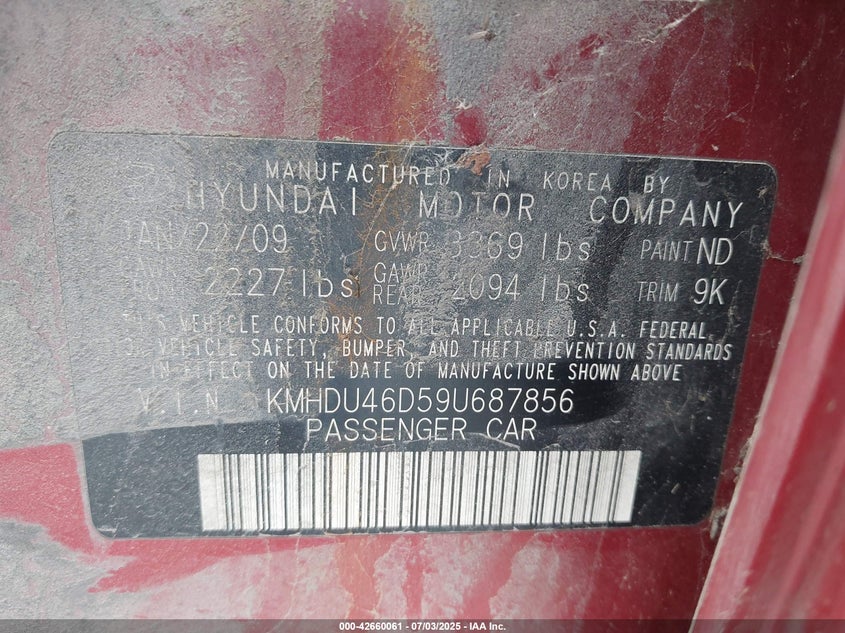 2009 HYUNDAI ELANTRA VIN: KMHDU46D59U687856