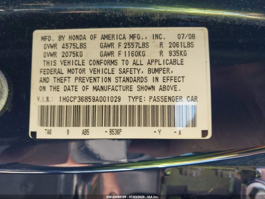 2009 Honda Accord Sdn 3.5 Ex-L/Ex-L VIN: 1HGCP36859A001029 Lot: 42660199