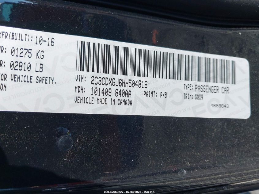 2017 Dodge Charger R/T Scat Pack Rwd VIN: 2C3CDXGJ6HH504816 Lot: 42660222