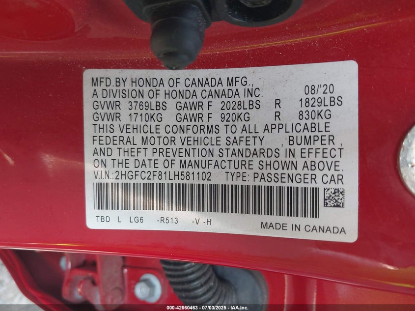 2020 HONDA CIVIC SPORT - 2HGFC2F81LH581102