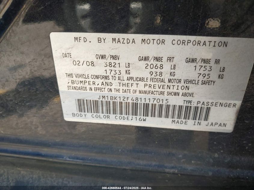 2008 Mazda Mazda3 I Sport VIN: JM1BK12F481117015 Lot: 42660544