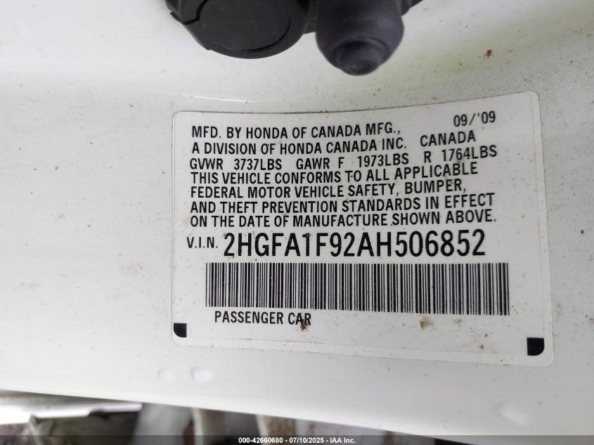 2010 Honda Civic Ex-L VIN: 2HGFA1F92AH506852 Lot: 42660680