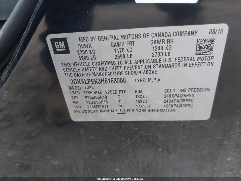 2017 GMC Terrain Slt VIN: 2GKALPEK3H6163960 Lot: 42660784