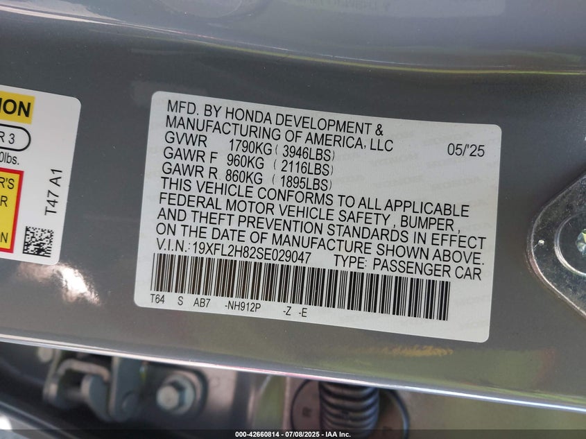 2025 HONDA CIVIC 2.0L I-4 DI, DOHC, V(VIN: 19XFL2H82SE029047