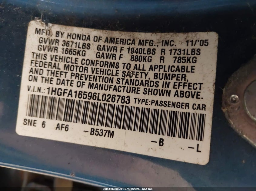 2006 HONDA CIVIC VIN: 1HGFA16596L026783