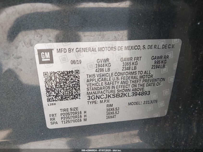 2019 Chevrolet Trax Ls VIN: 3GNCJKSB2KL394893 Lot: 42660924