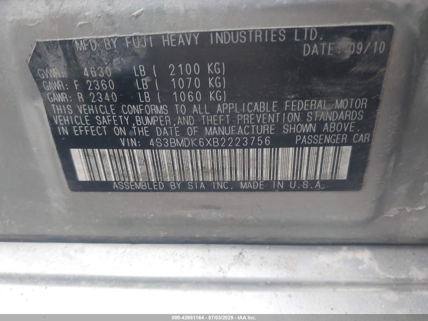 2011 SUBARU LEGACY VIN: 4S3BMDK6XB2223756