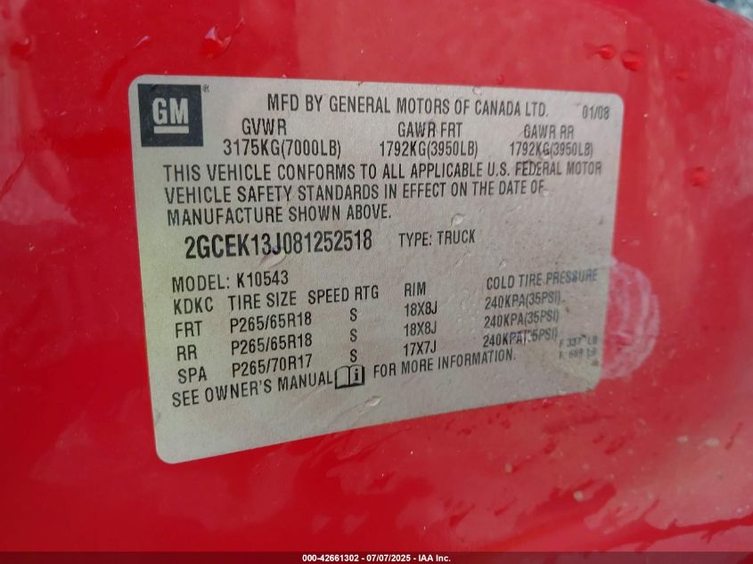 2008 Chevrolet Silverado 1500 Ltz VIN: 2GCEK13J081252518 Lot: 42661302