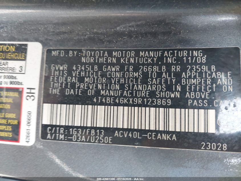 2009 Toyota Camry Se/Le/Xle VIN: 04T4BE46KX9R12386 Lot: 42661306