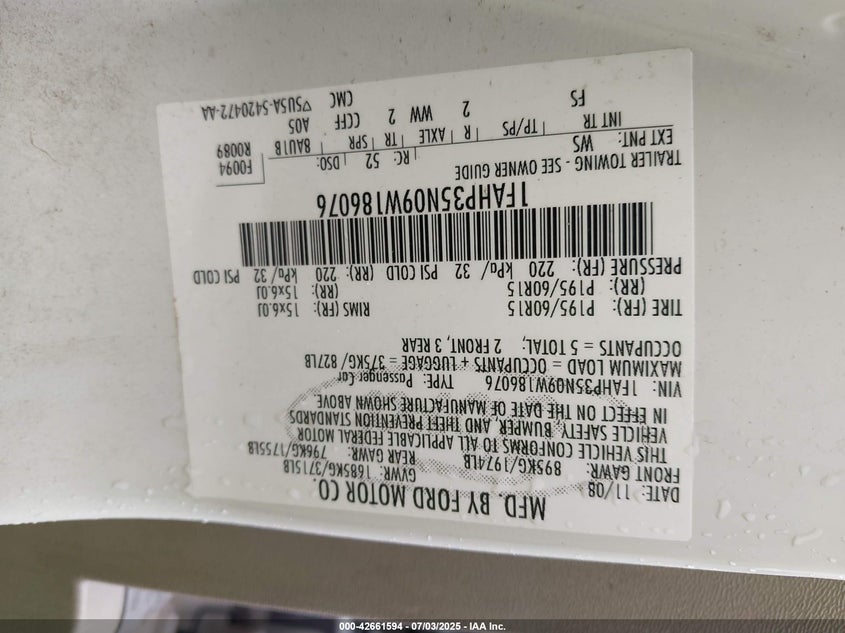 2009 FORD FOCUS VIN: 1FAHP35N09W186076