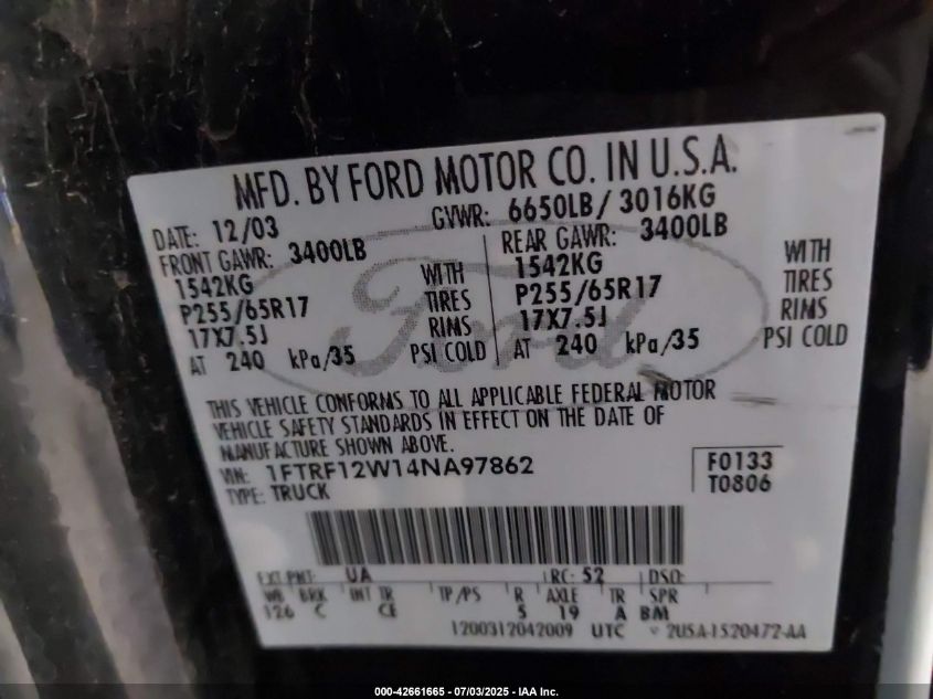 2004 Ford F-150 Stx/Xl/Xlt VIN: 1FTRF12W14NA97862 Lot: 42661665