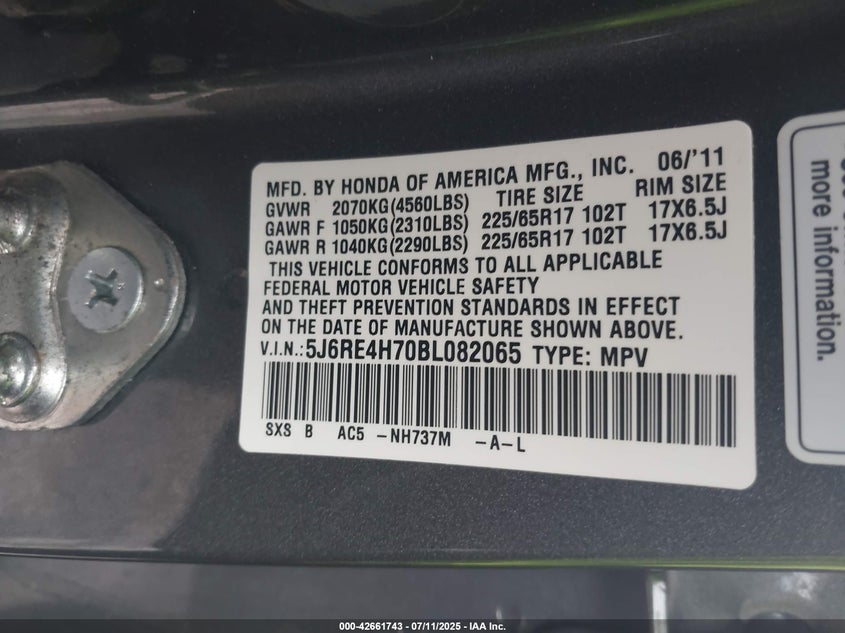 2011 HONDA CR-V VIN: 5J6RE4H70BL082065