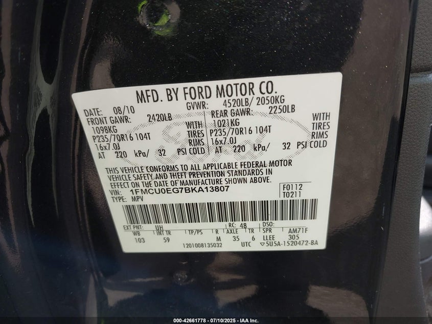 2011 FORD ESCAPE VIN: 1FMCU0EG7BKA13807