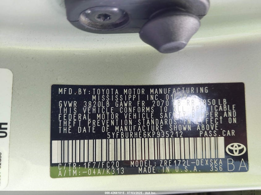 2019 Toyota Corolla Se VIN: 5YFBURHE6KP935212 Lot: 42661815