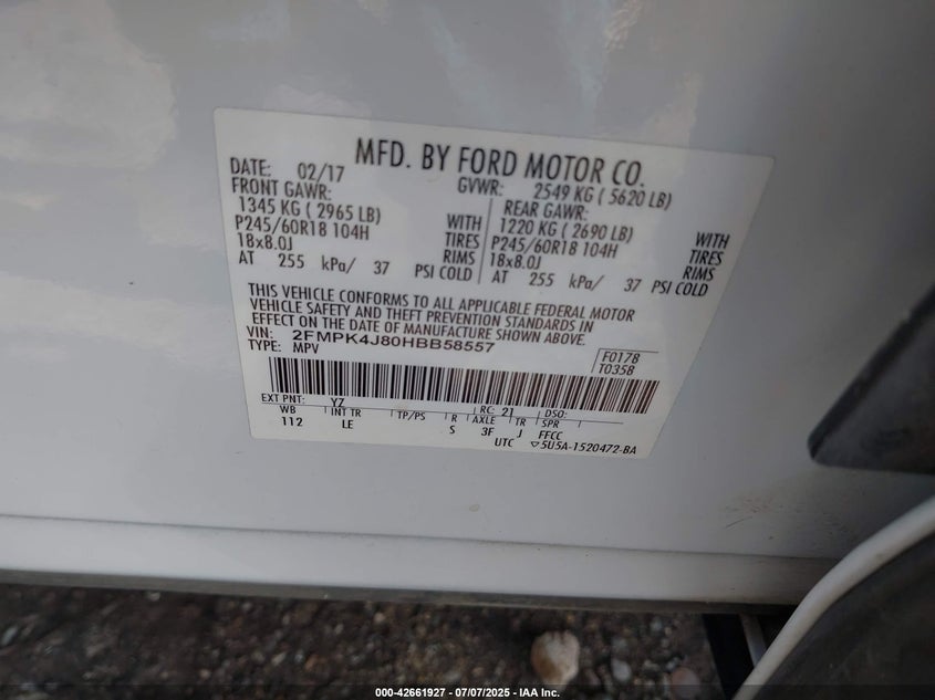 VIN 2FMPK4J80HBB58557 2017 FORD EDGE SEL