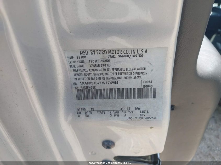 2001 Ford Focus Se VIN: 1FAFP34371W174955 Lot: 42661988
