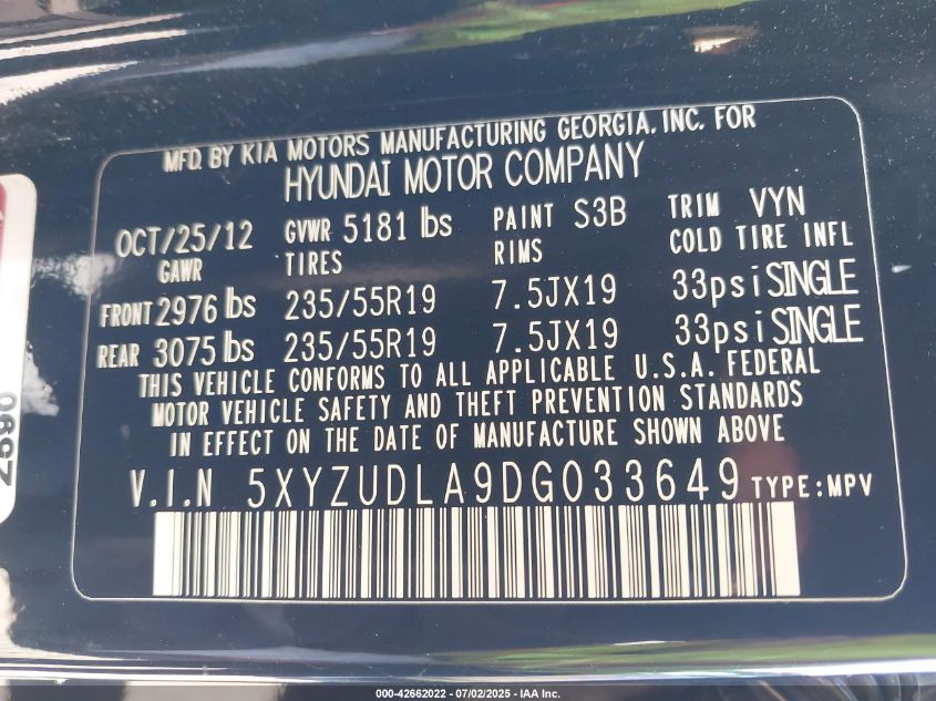 2013 Hyundai Santa Fe Sport 2.0T VIN: 5XYZUDLA9DG033649 Lot: 42662022