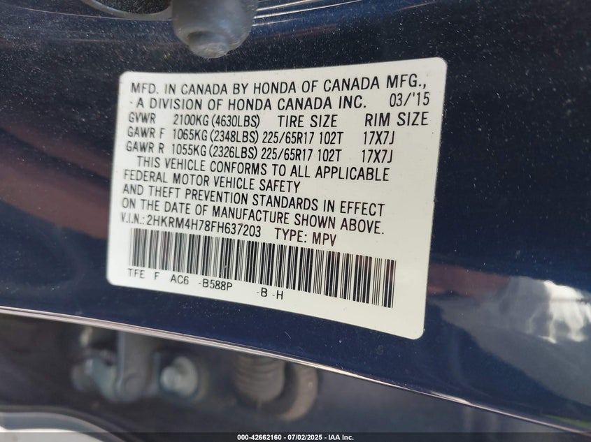 2015 HONDA CR-V VIN: 2HKRM4H78FH637203
