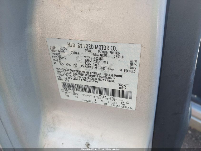 2007 Ford Escape Limited VIN: 1FMYU04137KC0347 Lot: 42662329