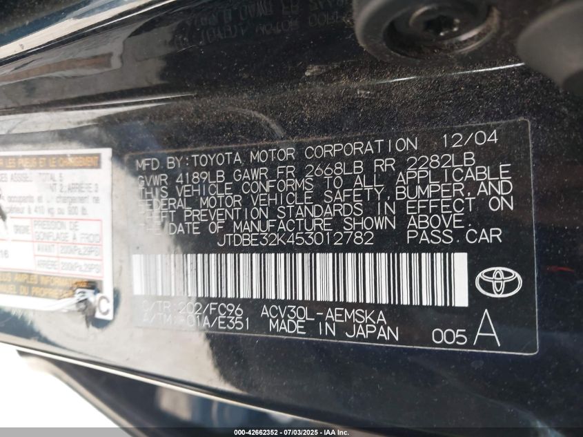 2005 Toyota Camry Se VIN: JTDBE32K453012782 Lot: 42662352