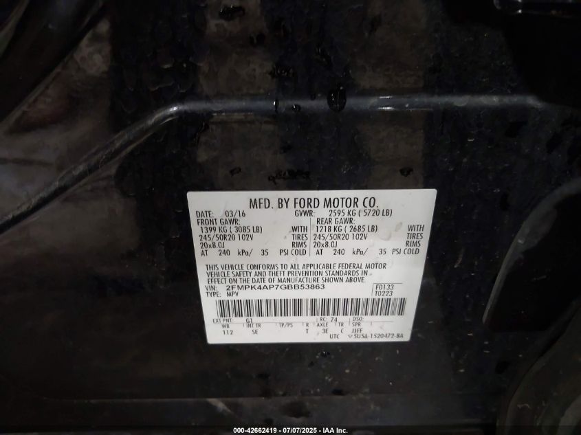 2016 Ford Edge Sport VIN: 2FMPK4AP7GBB53863 Lot: 42662419
