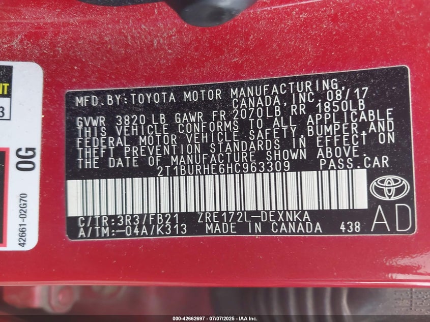 2017 TOYOTA COROLLA LE - 2T1BURHE6HC963309