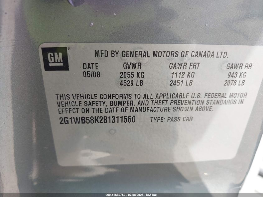 2008 Chevrolet Impala Ls VIN: 2G1WB58K281311560 Lot: 42662750