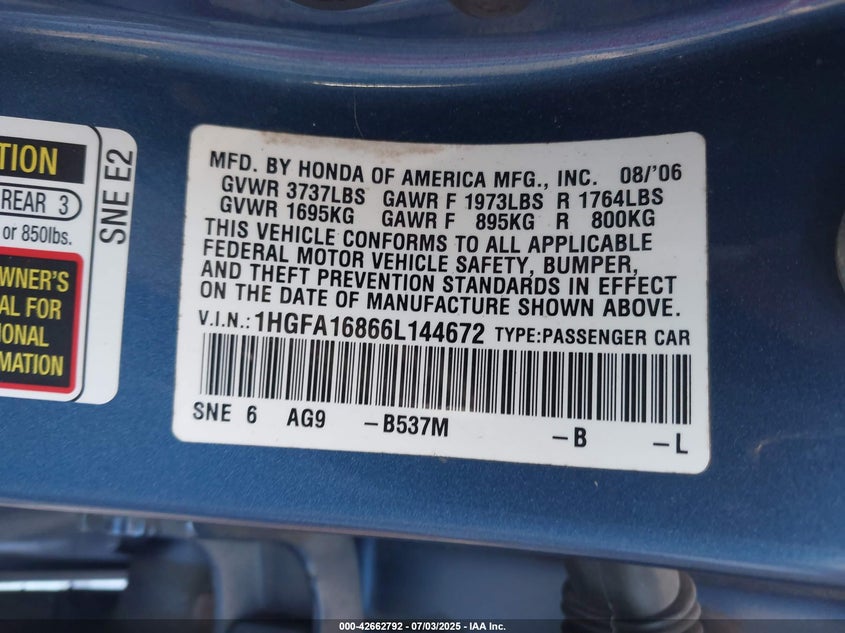 2006 HONDA CIVIC VIN: 1HGFA16866L144672