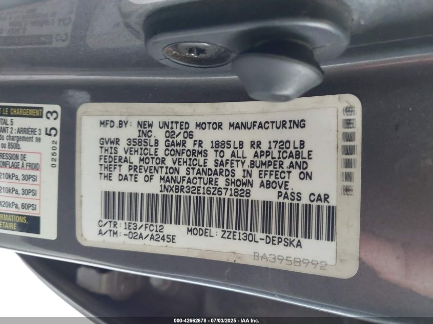 2006 Toyota Corolla S VIN: 1NXBR32E16Z671828 Lot: 43911466