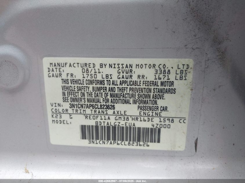 2012 Nissan Versa 1.6 Sl VIN: 3N1CN7AP6CL823626 Lot: 42662967