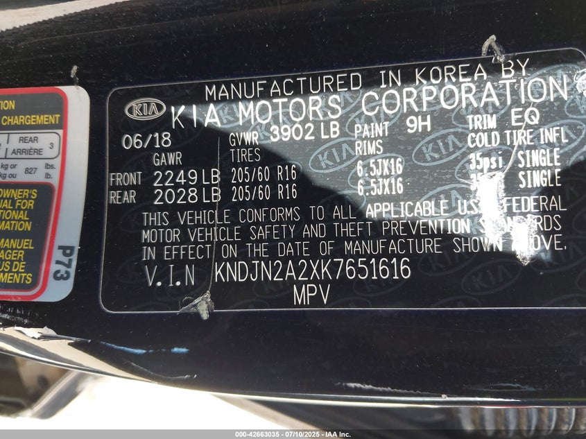 2019 Kia Soul VIN: KNDJN2A2XK7651616 Lot: 42663035