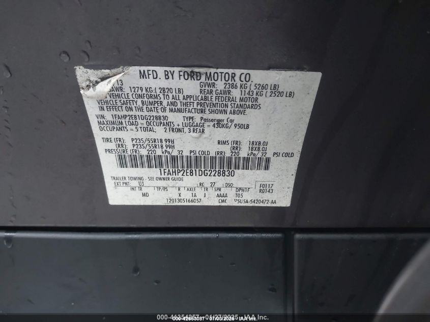 2013 Ford Taurus Sel VIN: 1FAHP2E81DG228830 Lot: 42663087