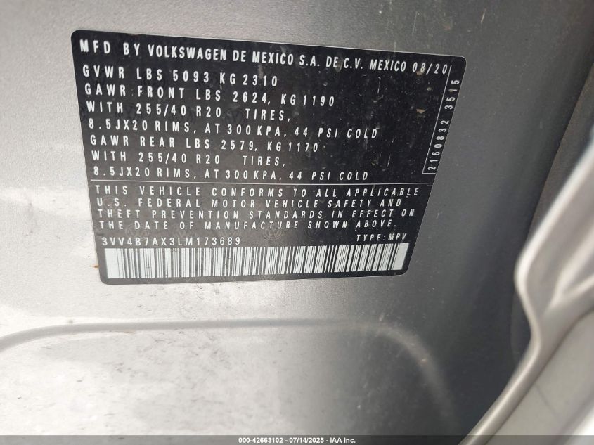 2020 Volkswagen Tiguan 2.0T Sel Premium R-Line VIN: 3VV4B7AX3LM173689 Lot: 42663102