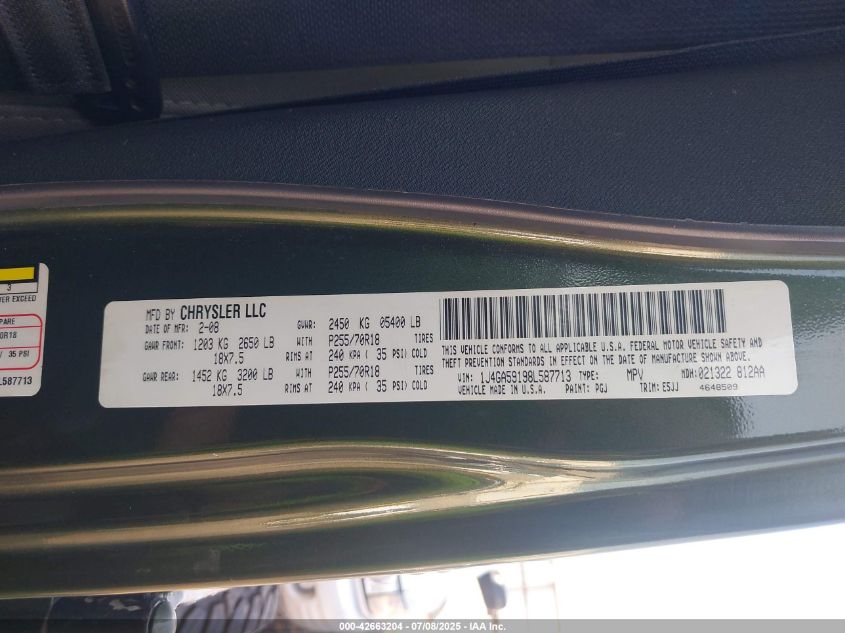 2008 Jeep Wrangler Unlimited Sahara VIN: 1J4GA59198L587713 Lot: 42663204