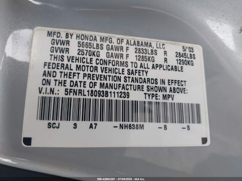 2003 Honda Odyssey Ex-L VIN: 5FNRL18093B111239 Lot: 42663367