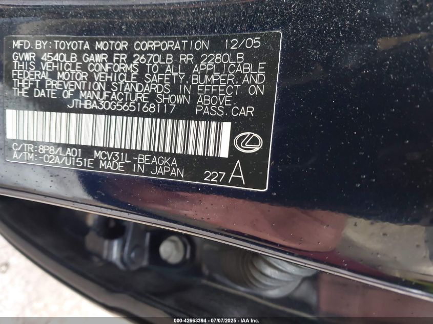 2006 Lexus Es 330 VIN: JTHBA30G565168117 Lot: 42663394