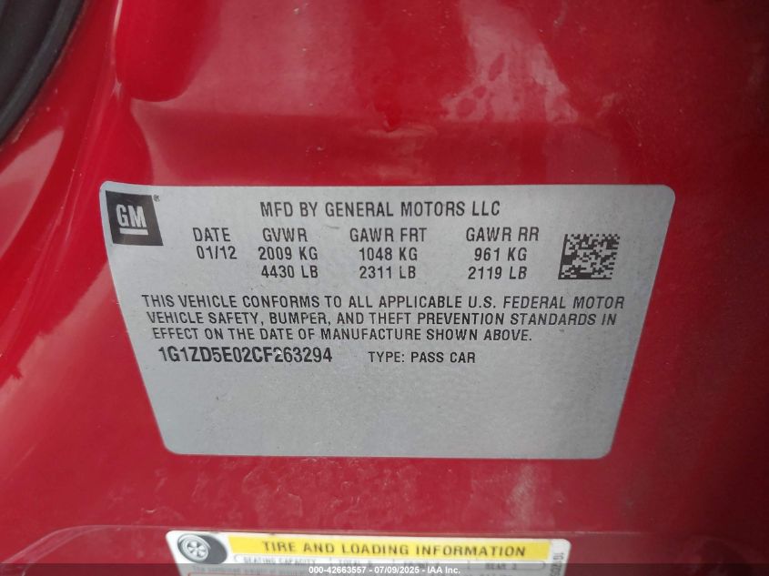 2012 Chevrolet Malibu 2Lt VIN: 1G1ZD5E02CF263294 Lot: 42663557