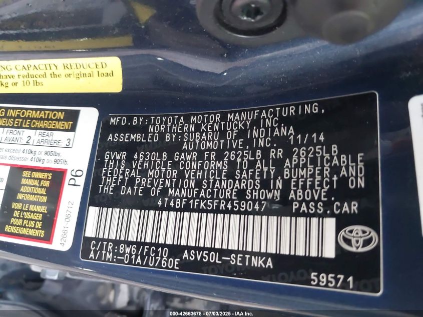 2015 Toyota Camry Le VIN: 4T4BF1FK5FR459047 Lot: 42663678