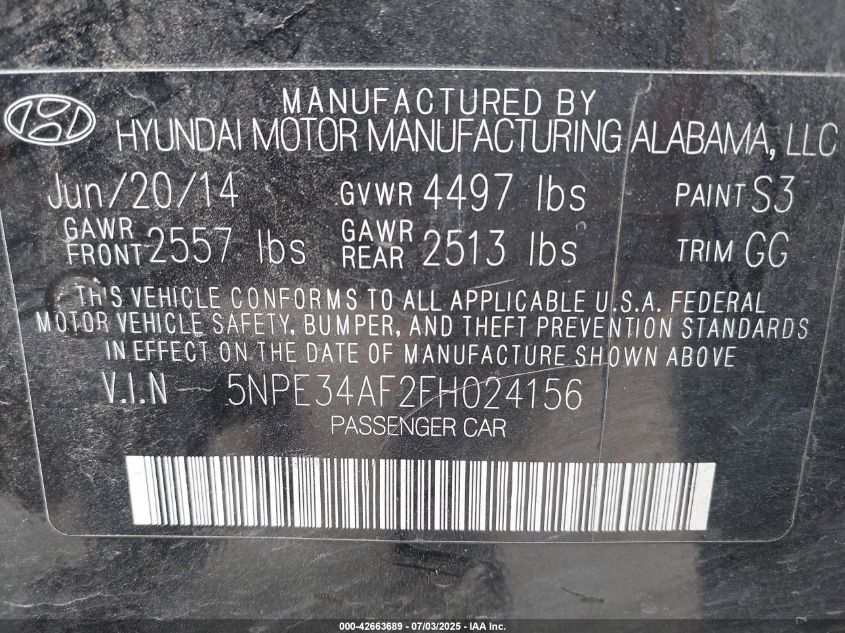 2015 HYUNDAI SONATA SPORT - 5NPE34AF2FH024156