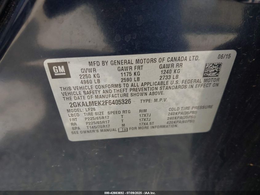 2015 GMC Terrain Sle-1 VIN: 2GKALMEK2F6405326 Lot: 42663692