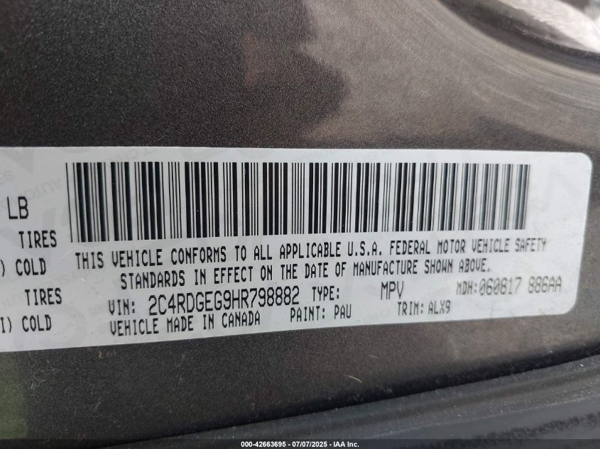 2017 Dodge Grand Caravan Gt VIN: 2C4RDGEG9HR798882 Lot: 42663695