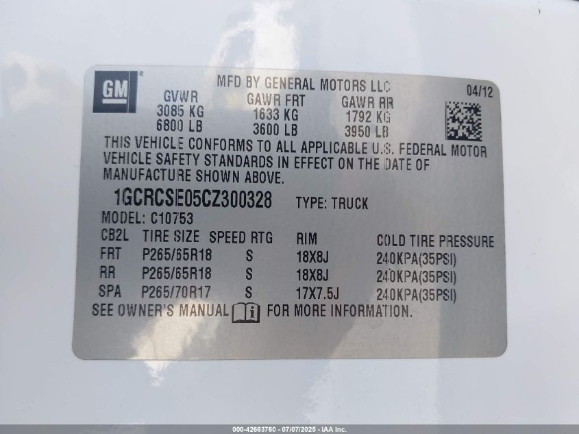 2012 Chevrolet Silverado 1500 Lt VIN: 1GCRCSE05CZ300328 Lot: 42663760