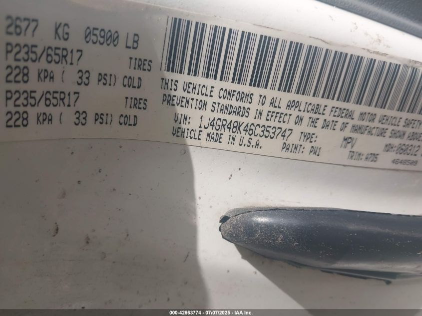 2006 Jeep Grand Cherokee Laredo VIN: 1J4GR48K46C353747 Lot: 42663774