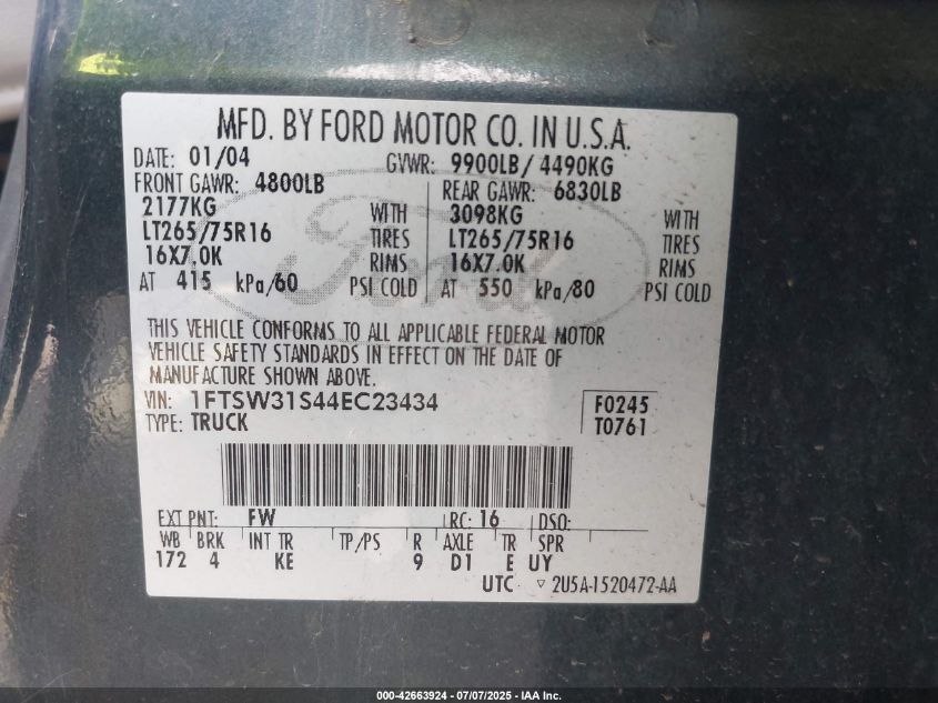 2004 Ford F-350 Lariat/Xl/Xlt VIN: 1FTSW31S44EC23434 Lot: 42663924
