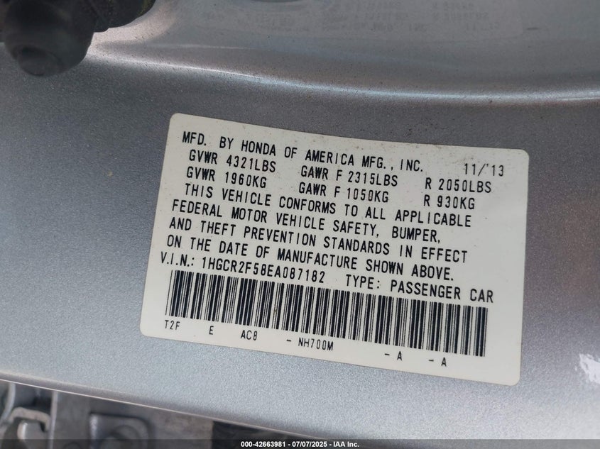 2014 Honda Accord Sport VIN: 1HGCR2F58EA087182 Lot: 42663981